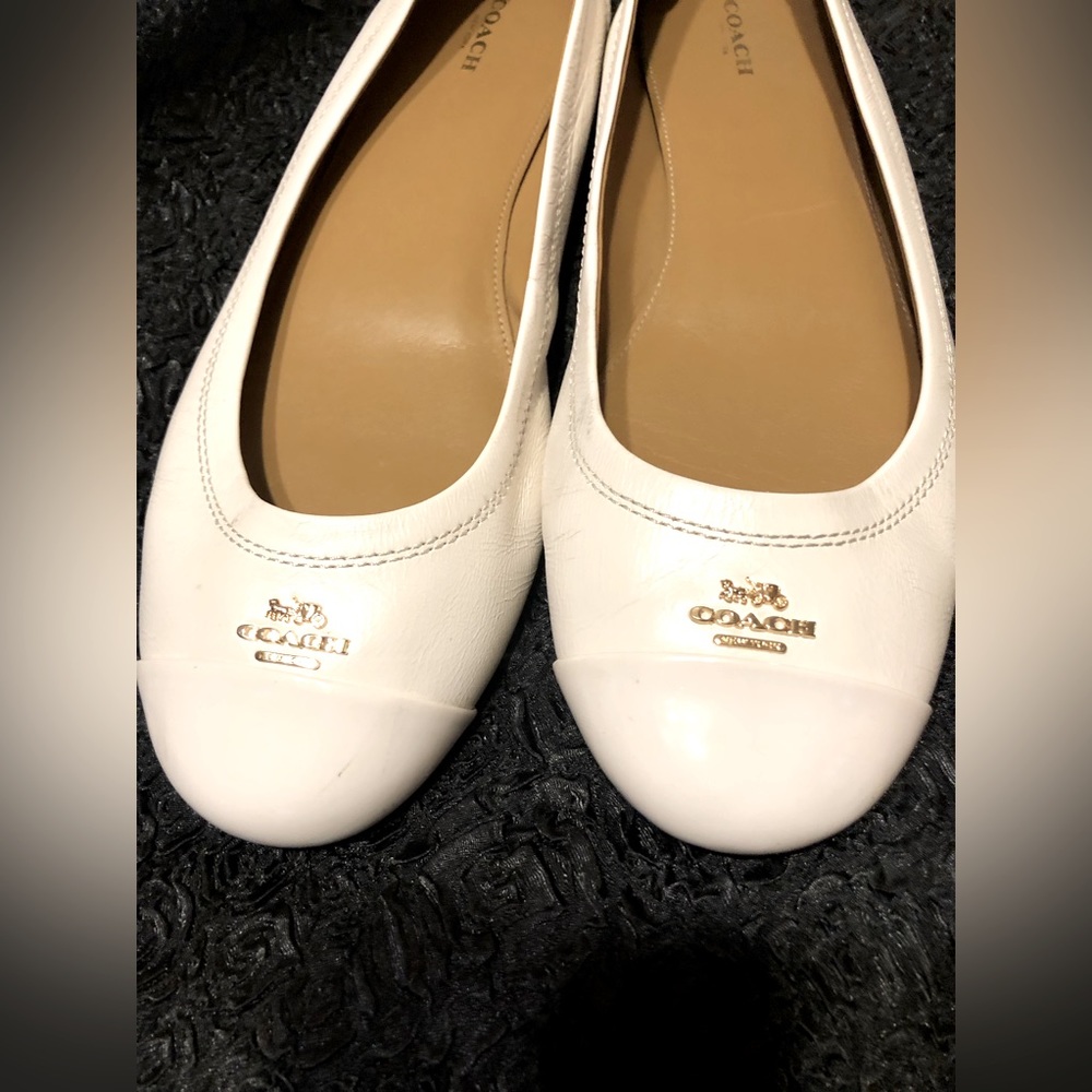 Coach flats/loafers Size11m white leather/white patent with gold embellishment